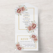 Terracotta waterverf bloemen goudval all in one uitnodiging (Binnen)