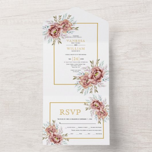 Terracotta waterverf bloemen goudval all in one uitnodiging (Binnen)