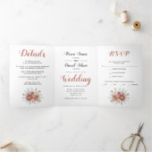 Terracotta waterverf bloemetjes bloemenfoto bruilo drieluik uitnodiging (Binnen)