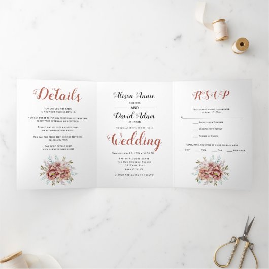 Terracotta waterverf bloemetjes bloemenfoto bruilo drieluik uitnodiging (Binnen)