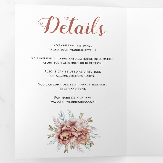 Terracotta waterverf bloemetjes bloemenfoto bruilo drieluik uitnodiging (Binnenzijde eerst)