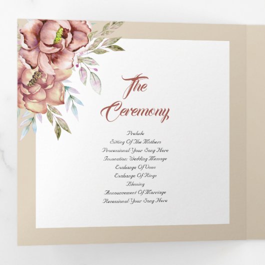 Terracotta waterverf bloemetjes trouwfoto drieluik programma (Binnenzijde eerst)