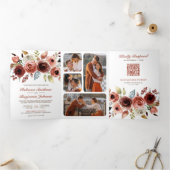 Terracotta Waterverf Floral Foto QR Code Weddensch Drieluik Uitnodiging (Binnen)