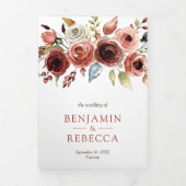 Terracotta Waterverf Floral Foto QR Code Weddensch Drieluik Uitnodiging (Cover)