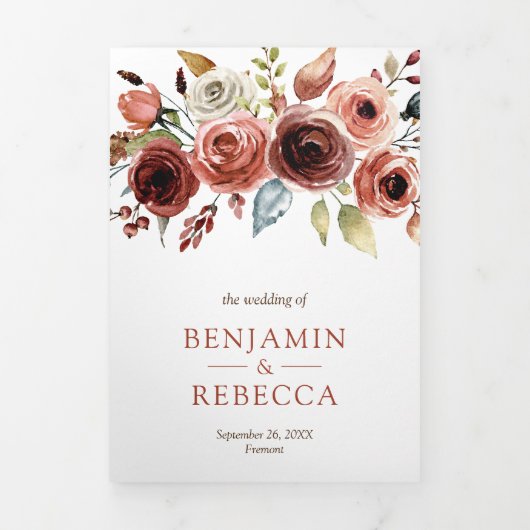 Terracotta Waterverf Floral Foto QR Code Weddensch Drieluik Uitnodiging (Cover)