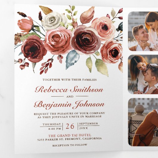 Terracotta Waterverf Floral Foto QR Code Weddensch Drieluik Uitnodiging (Binnenzijde eerst)