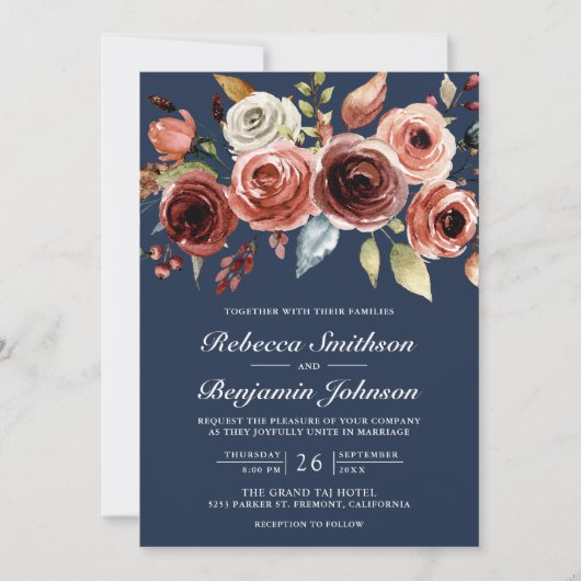 Terracotta Waterverf Floral Navy QR Code Weddensch Kaart (Voorkant)