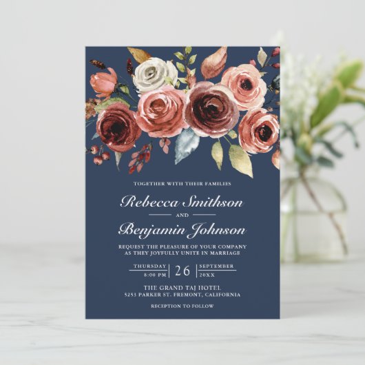 Terracotta Waterverf Floral Navy QR Code Weddensch Kaart (Staand voorkant)