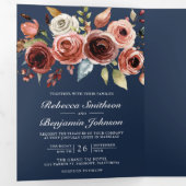 Terracotta Waterverf Floral QR Code Navy Wedding Drieluik Uitnodiging (Binnenzijde eerst)