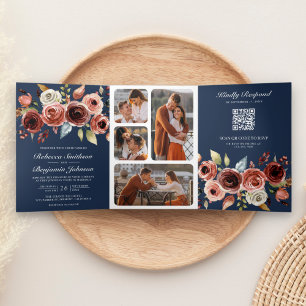 Terracotta Waterverf Floral QR Code Navy Wedding Drieluik Uitnodiging
