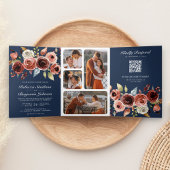 Terracotta Waterverf Floral QR Code Navy Wedding Drieluik Uitnodiging
