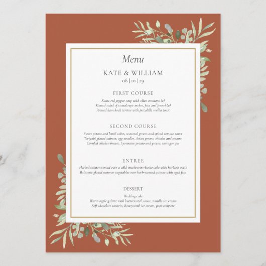 Terracotta Waterverf Groen Bruiloft Diner Menu (Voorkant)