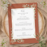 Terracotta Waterverf Groen Bruiloft Diner Menu<br><div class="desc">Elegante terracotta botanische groen bruiloft menukaart gepersonaliseerd met uw informatie in chique typografie. Ontworpen door Thisnotme©</div>