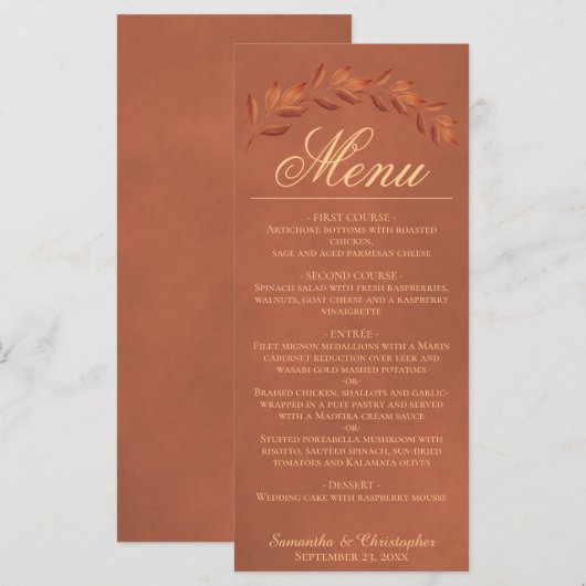 Terracotta Waterverf laat het legant Wedding-menu  Menu (Voorkant / Achterkant)