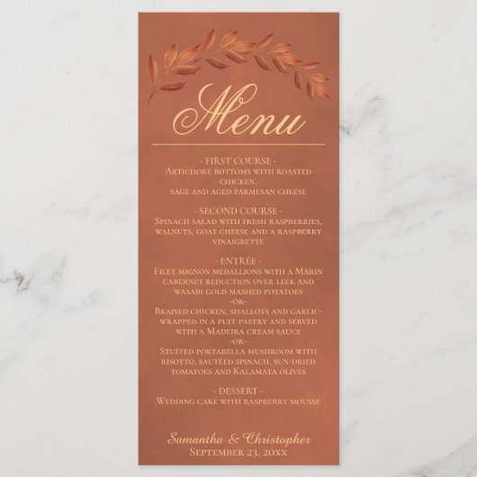 Terracotta Waterverf laat het legant Wedding-menu  Menu (Voorkant)