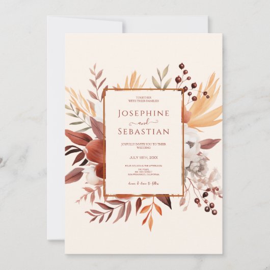 Terracotta Waterverf Rustieke Herfst Bloemenbruilo Kaart (Voorkant)