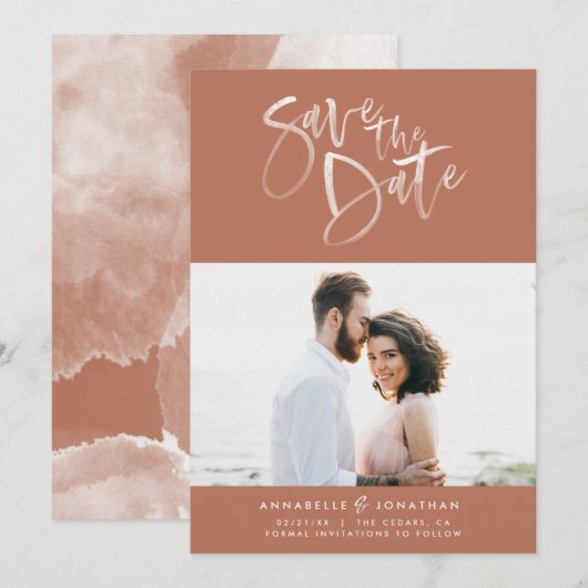 Terracotta waterverf scripttypografie bruiloft save the date (Voorkant / Achterkant)
