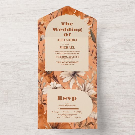 Terracotta Waterverf Wildflower Bruiloft All In One Uitnodiging (Binnen)