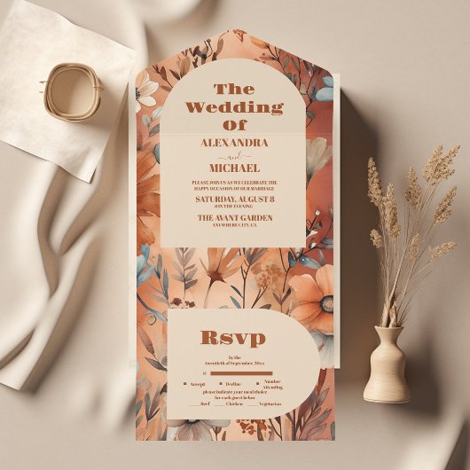 Terracotta Waterverf Wildflower Bruiloft All In One Uitnodiging