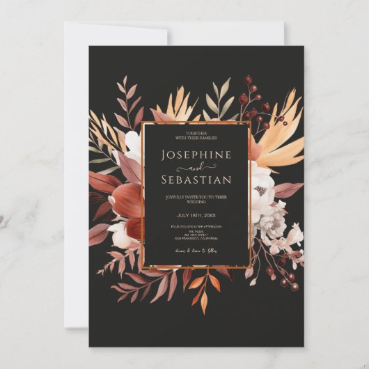 Terracotta Waterverf Zwarte Herfst Bloemen bruilof Kaart (Voorkant)