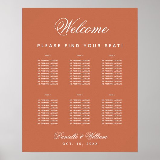 Terracotta Wedding 6 Table Simple Seating Chart Poster (Voorkant)