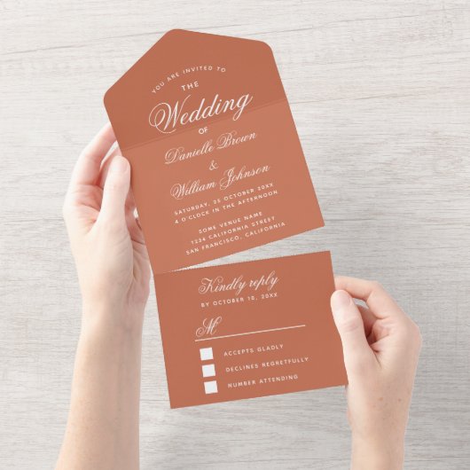 Terracotta Wedding Elegant Calligraphy Simple RSVP All In One Uitnodiging (Afscheurbaar)