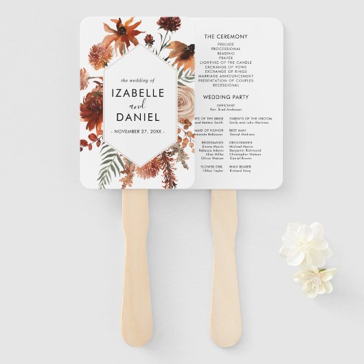 Terracotta Wedding Floral Rustic Programme Hand Fa Handwaaier (Voorkant en achterkant)