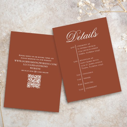 Terracotta Wedding Timeline Details Simple RSVP Informatiekaartje