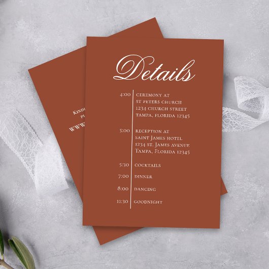 Terracotta Wedding Timeline Details Simple RSVP Informatiekaartje