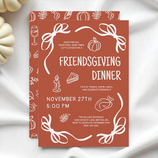 Terracotta Whimsical Hand Drawn Bow Friendsgiving Kaart