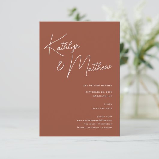 Terracotta Whimsical Script Minimalistisch Modern Save The Date (Staand voorkant)