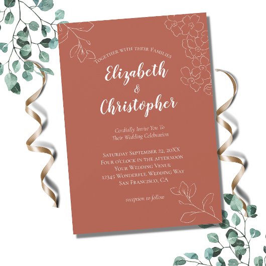 Terracotta White Floral Botanical Modern Wedding Kaart