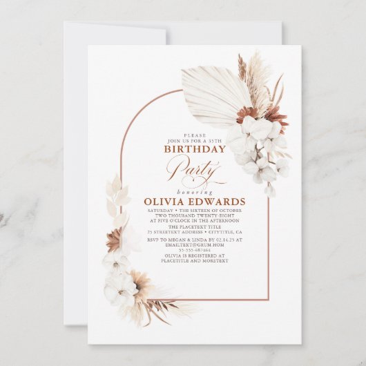 Terracotta White Flowers Boho Birthday Party Kaart (Voorkant)