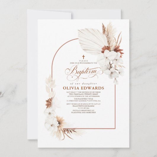 Terracotta White Flowers Boho Chic Baptism Kaart (Voorkant)