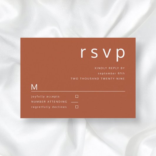Terracotta & White Minimalist Typography Wedding RSVP Kaartje