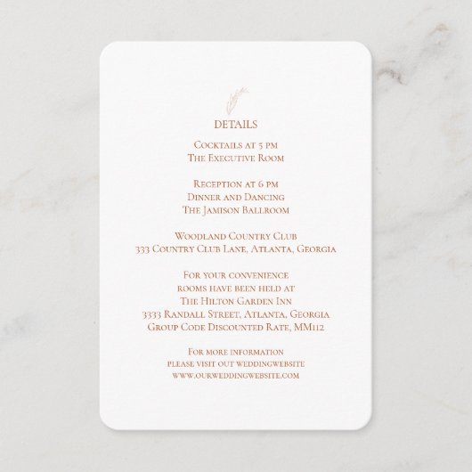 Terracotta White Wedding Reception Details Informatiekaartje (Voorkant)
