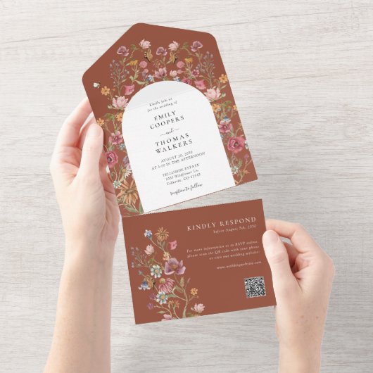 Terracotta Wildbloemen Alles in een bruiloft Uitno All In One Uitnodiging (Afscheurbaar)