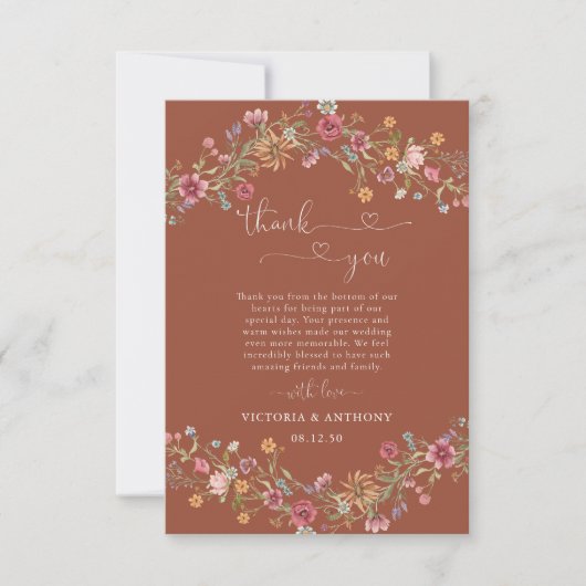 Terracotta Wildbloemen Huwelijk Trouw Dankkaartjes Bedankkaart (Voorkant)