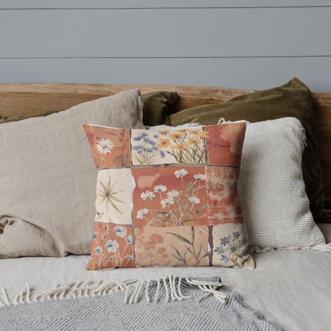 Terracotta wilde bloem boho patchwork rustieke len kussen (Creator heeft geüpload)