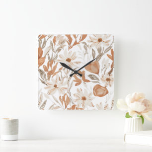 Terracotta wilde bloem rustieke boho wandaccent vierkante klok