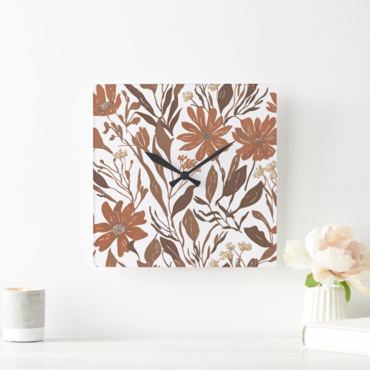 Terracotta wilde bloem rustieke boho wandaccent vierkante klok (Huis)