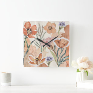 Terracotta wilde bloem rustieke boho wandaccent vierkante klok