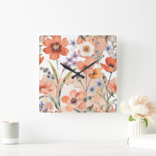 Terracotta wilde bloem rustieke boho wandaccent vierkante klok