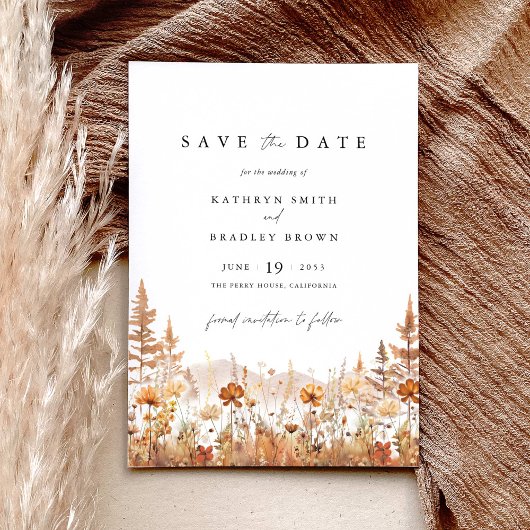 Terracotta Wilde Bloemen Berg Bruiloft Save The Date