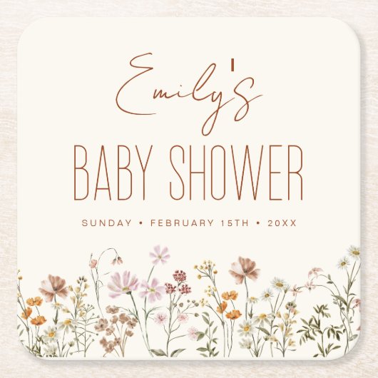 Terracotta Wildflower Boho Baby shower in Bloom Kartonnen Onderzetters (Voorkant)