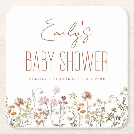 Terracotta Wildflower Boho Baby shower in Bloom Kartonnen Onderzetters (Voorkant)