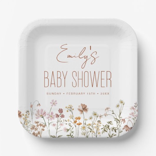 Terracotta Wildflower Boho Baby shower in Bloom Papieren Bordje (Voorkant)