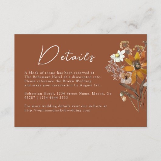 Terracotta Wildflower Boho Fall Wedding Details Informatiekaartje (Voorkant)