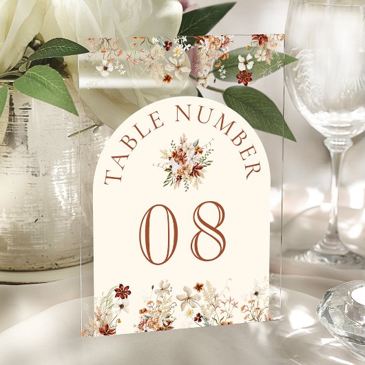 Terracotta Wildflower Cream Acrylic Table Number Acryl Uitnodigingen