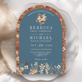 Terracotta Wildflower Dusty Blue Arch Wedding Kaart